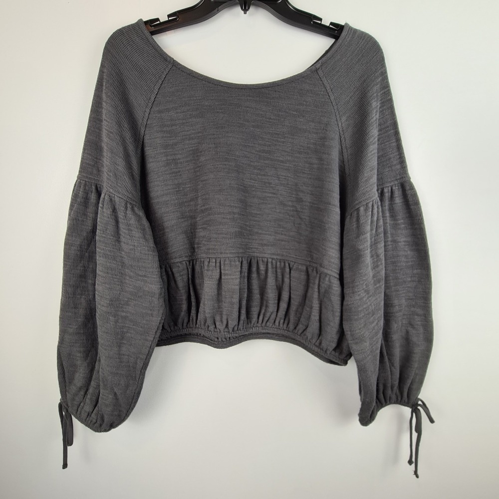 Aerie Endless Summer Cropped Sweatshirt Medium Charcoal Grey Ballon Sleeves Boho
